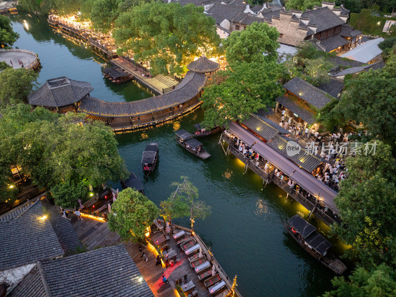 浙江嘉兴桐乡乌镇西栅景区江南水乡航拍夜景