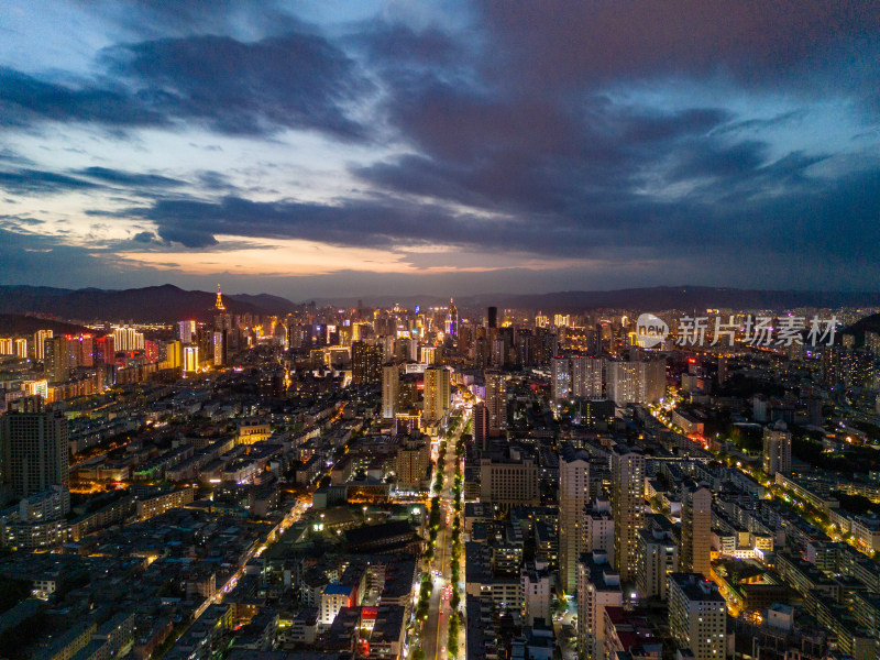 西宁城市夜幕降临夜景航拍图