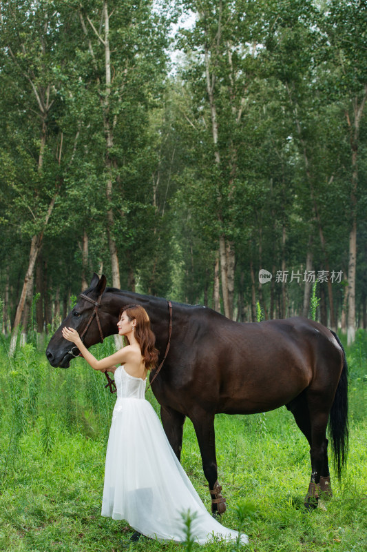 户外穿婚纱的青年女人和马