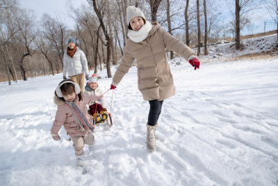 欢乐家庭在雪地上玩雪橇