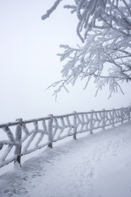 寒冷冬季景区雪后栈道