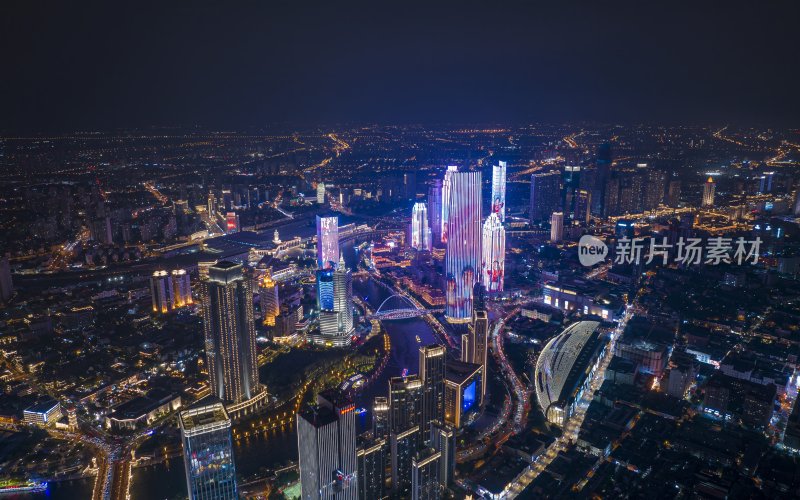 天津城区上合峰会主题灯光秀夜景航拍