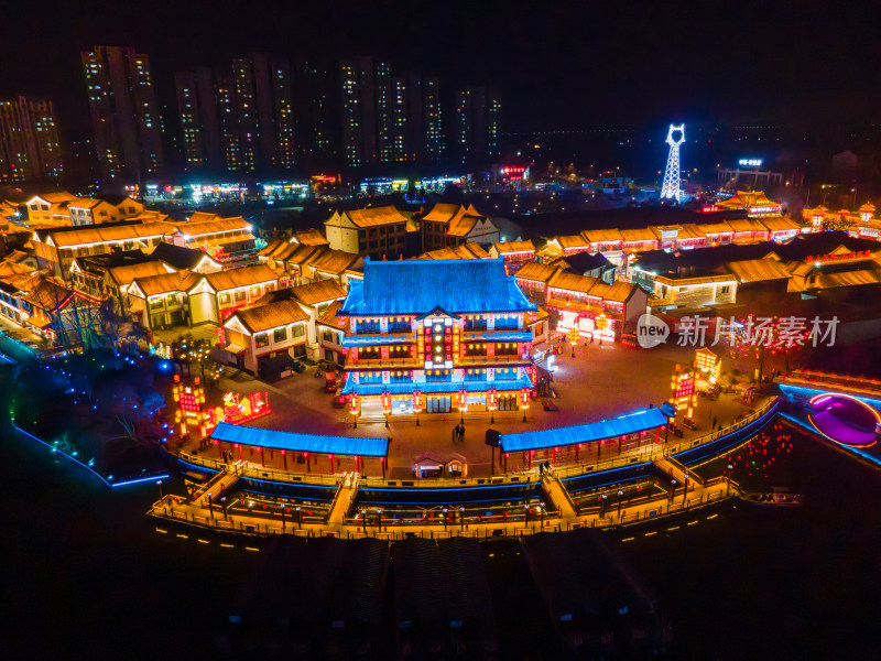 曲阜蓼河古街古建街区夜景航拍