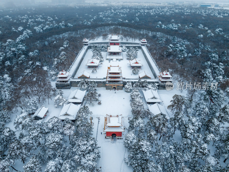 辽宁沈阳北陵公园清昭陵大雪中古建筑航拍