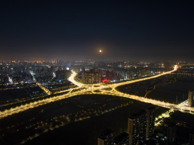 城市立交桥夜景车流航拍