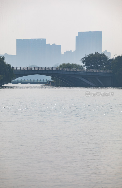 城市河畔桥梁与远处高楼景观