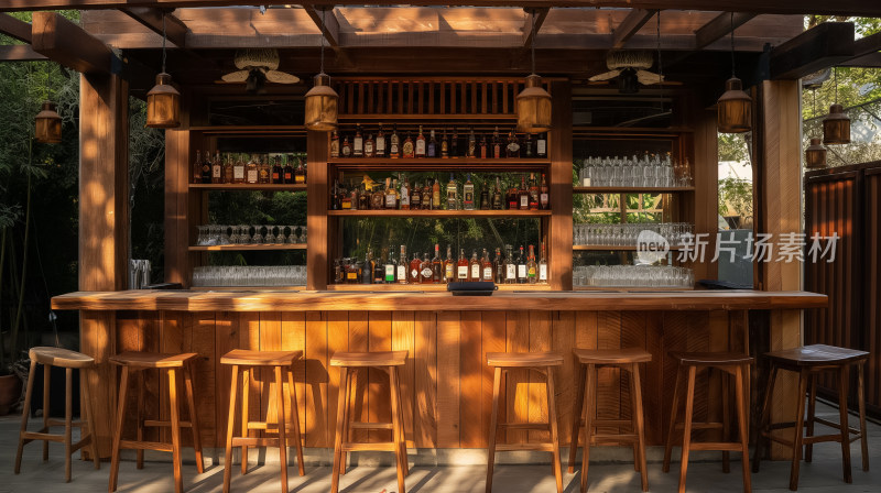 暮色微醺：户外木质酒吧的宁静时光