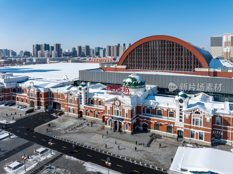 辽宁沈阳站航拍冬季城市雪景航拍