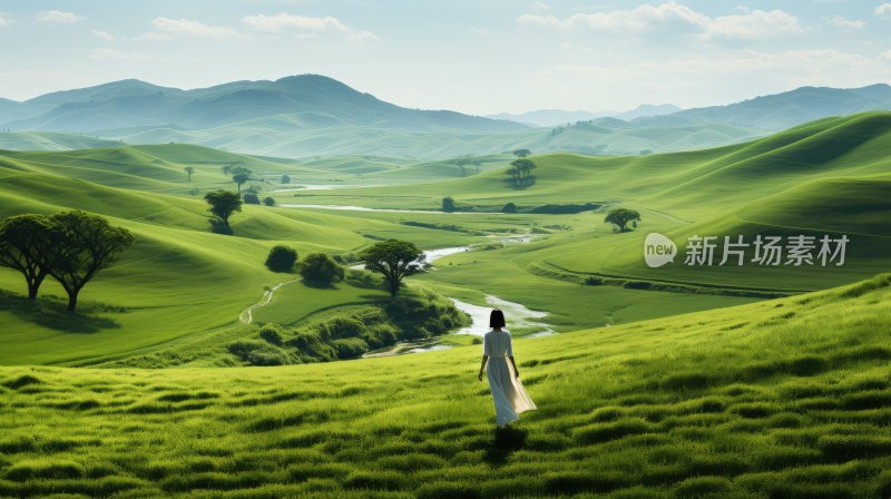 绿色平原与高山还有望向远处的女人背影