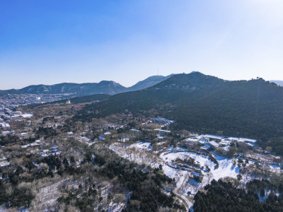 山东济南千佛山航拍雪景