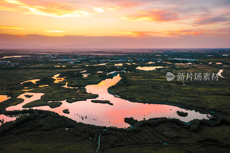 甘肃张掖国家湿地公园日落航拍