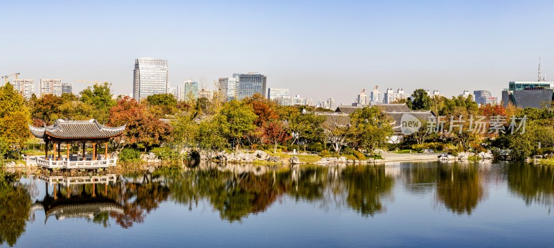 中式园林湖泊与城市天际线