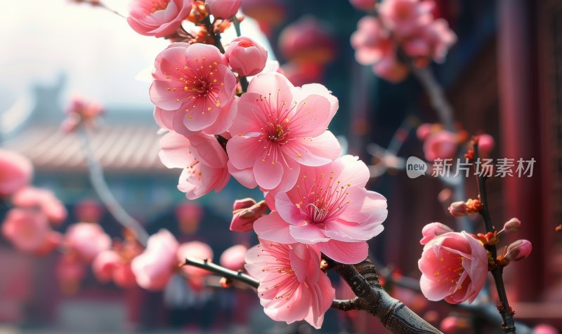 宫廷梅花盛开初春花朵清新淡雅背景