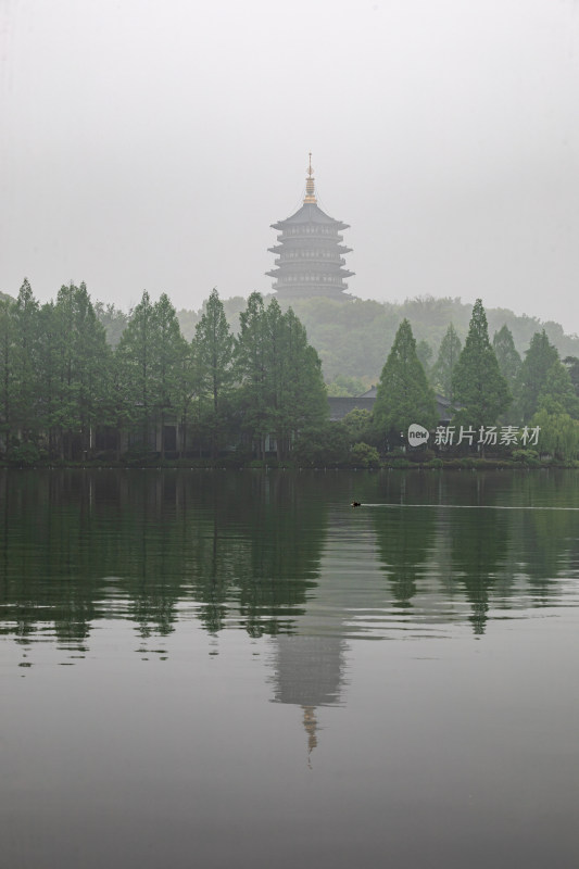 杭州西湖长桥公园雷峰塔雾色景观