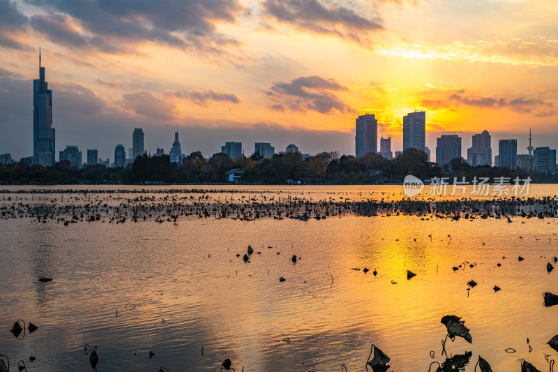 黄昏夕阳南京玄武湖城市建筑景观