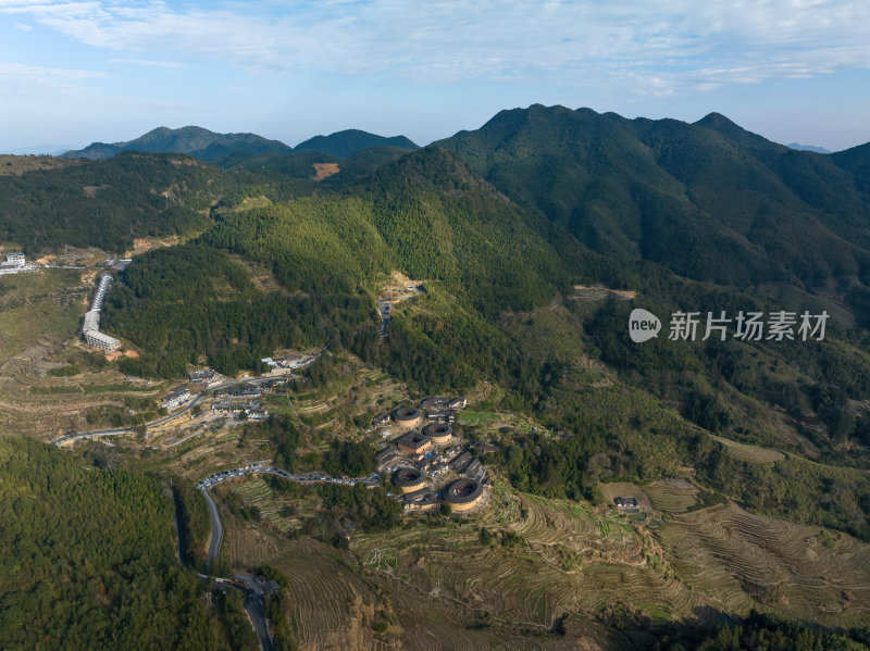 福建漳州永定云水谣客家土楼群建筑高空航拍