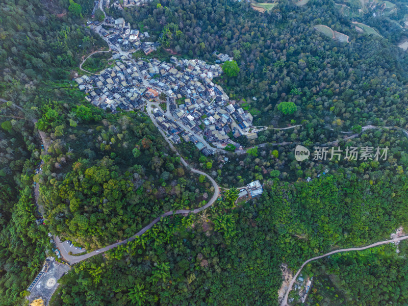 航拍被森林环绕的景迈山村庄全景