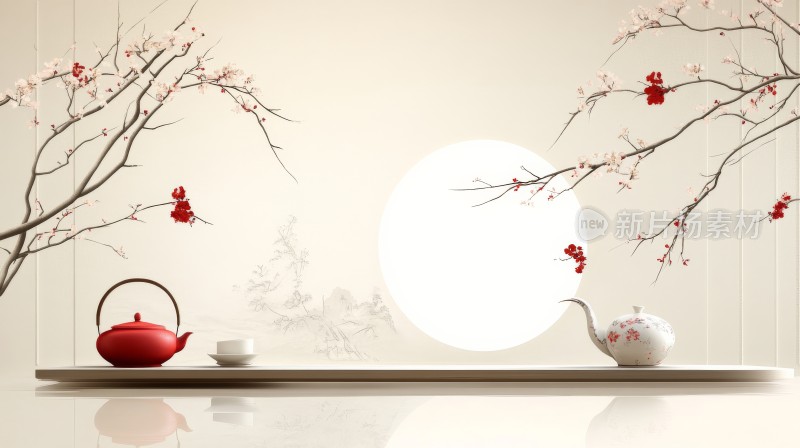 中式风格茶具与梅花背景图