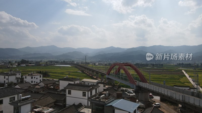 航拍高铁乡村铁路桥与田园风光