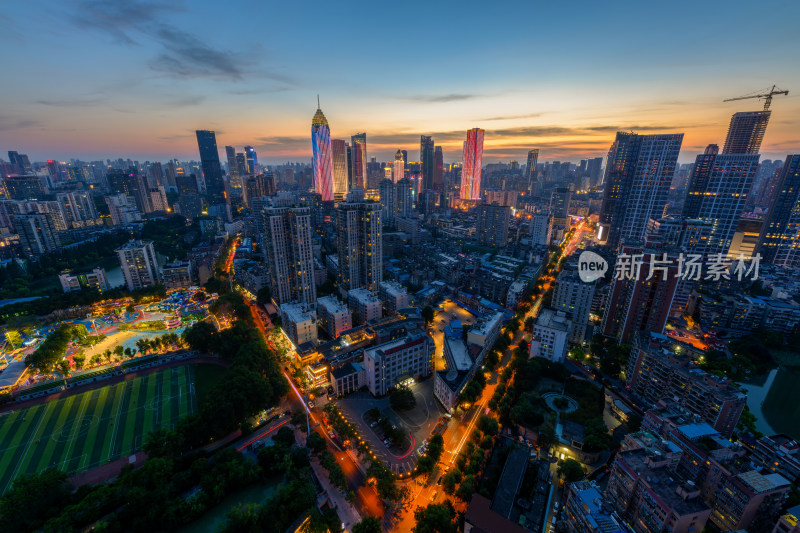 武汉夏季西北湖商业中心晚霞夜景城市风光