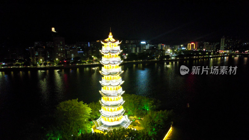 广东韶关通天塔夜景灯光航拍图