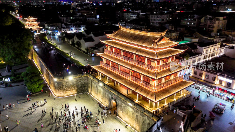 广东潮州古城广济门城楼夜景航拍