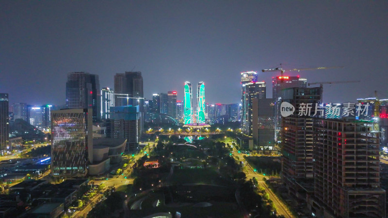 航拍成都天府新城成都双子塔夜景