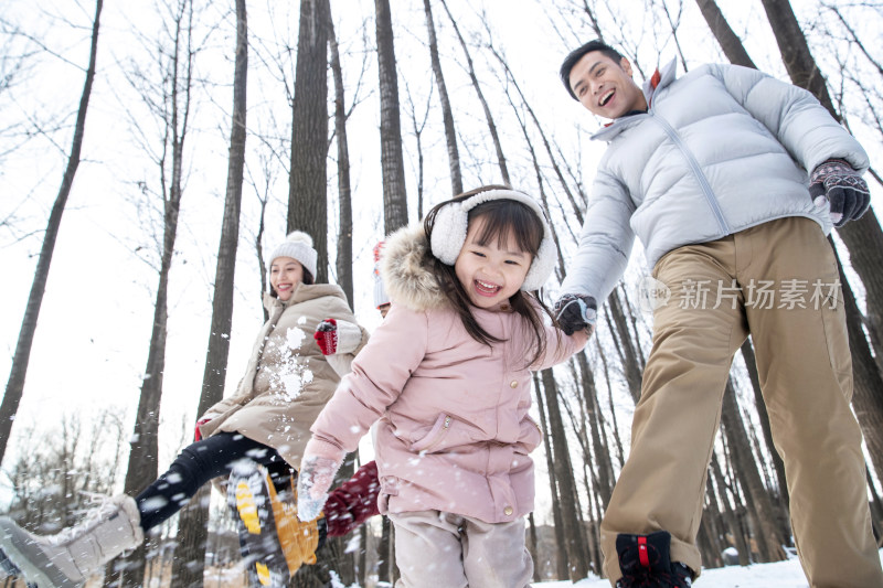 在雪地里玩耍的一家人