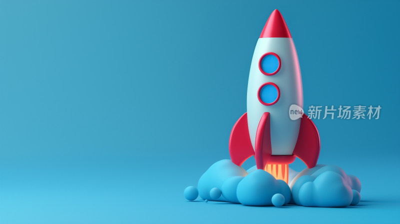 卡通风格3D渲染火箭：蓝红色系探险之旅