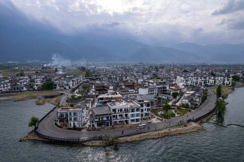 云南大理白族苍山洱海旁S弯高空航拍