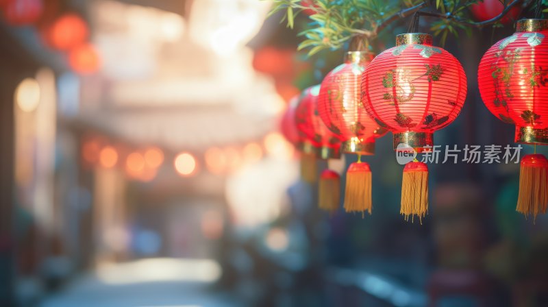 春节节日氛围，悬挂在空中的喜庆灯笼