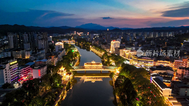 泰宁古城晚霞夜幕降临夜景航拍图