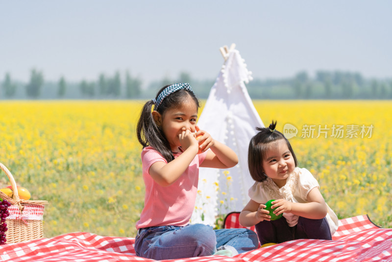 夏天两个在油菜花田边野餐的女孩