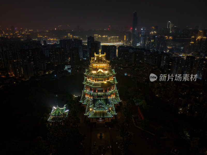 重庆网红寺庙鸿恩寺夜景古塔高空航拍