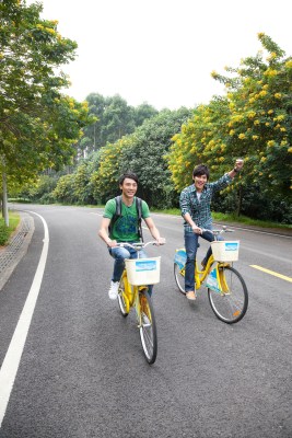 年轻大学生在校园里骑车