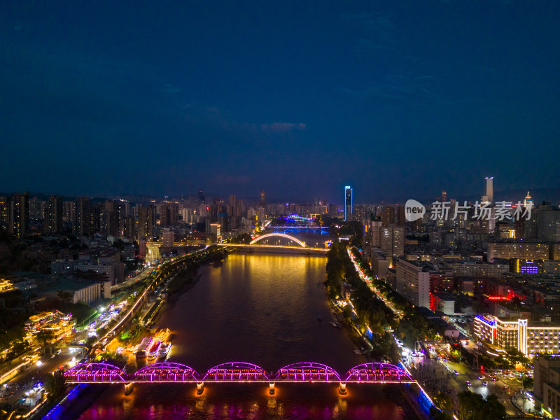 兰州夜景黄河两岸航拍图