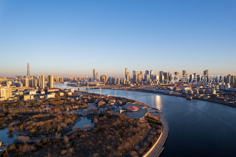 天津滨海新区海河塘沽湾城市风光航拍