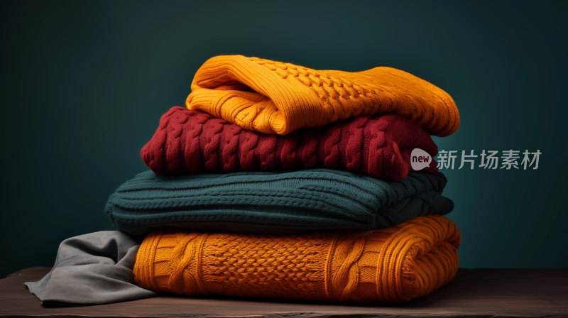 冬日几件叠放整齐的毛衣色彩鲜明质感柔软