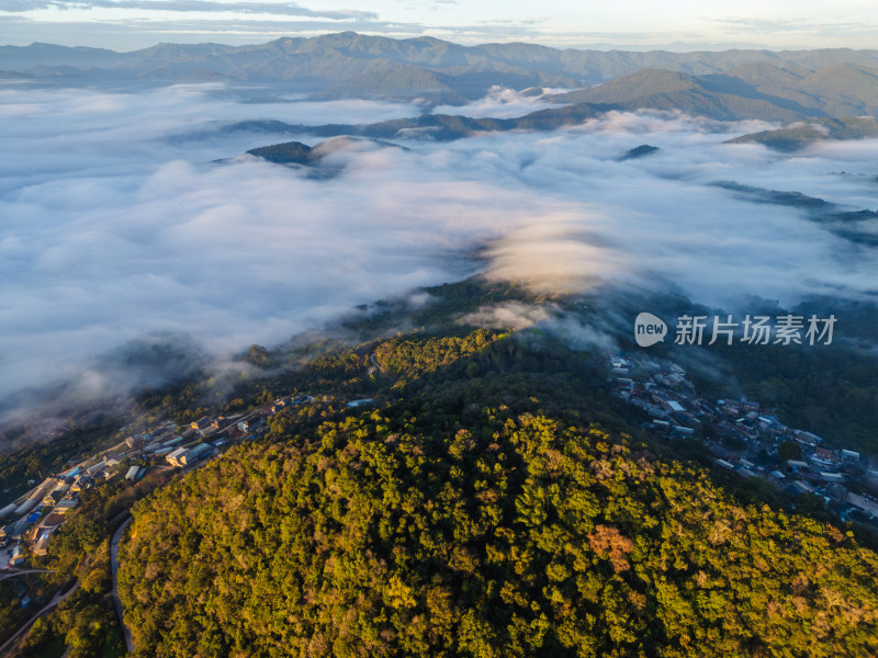 航拍景迈山云海环绕的古寨村庄自然风光