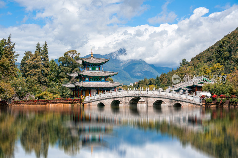 丽江古城黑龙潭公园得月楼和玉龙雪山景观