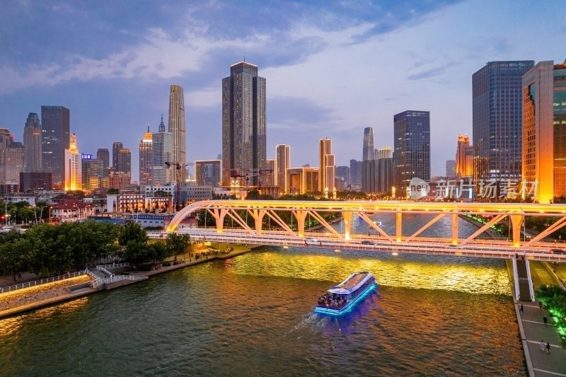 天津海河进步桥城市夜景航拍