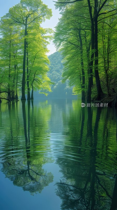 水面湖泊绿色自然宁静森林湖面背景