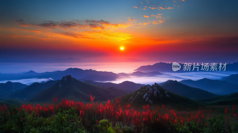 山顶日出美丽朝霞自然风光背景