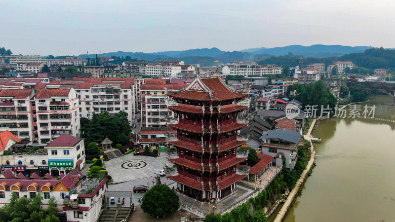 航拍湖南靖州地标望江楼古建筑