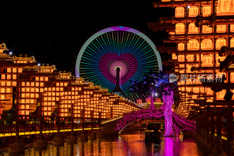 唐山河头老街夜景，唐山之光摩天轮