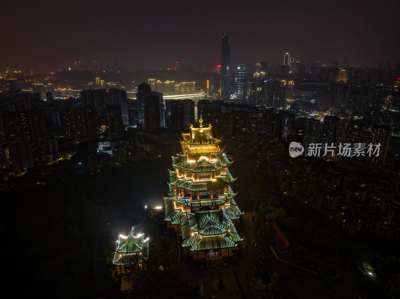 重庆网红寺庙鸿恩寺夜景古塔高空航拍