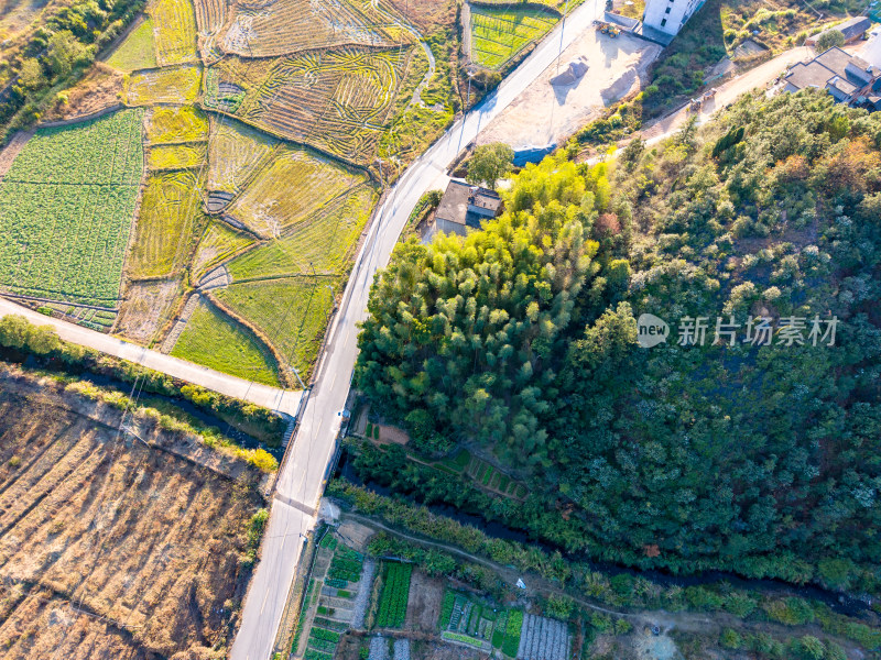 航拍大山乡村公路农田