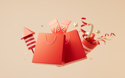 购物袋与节日礼花3D渲染