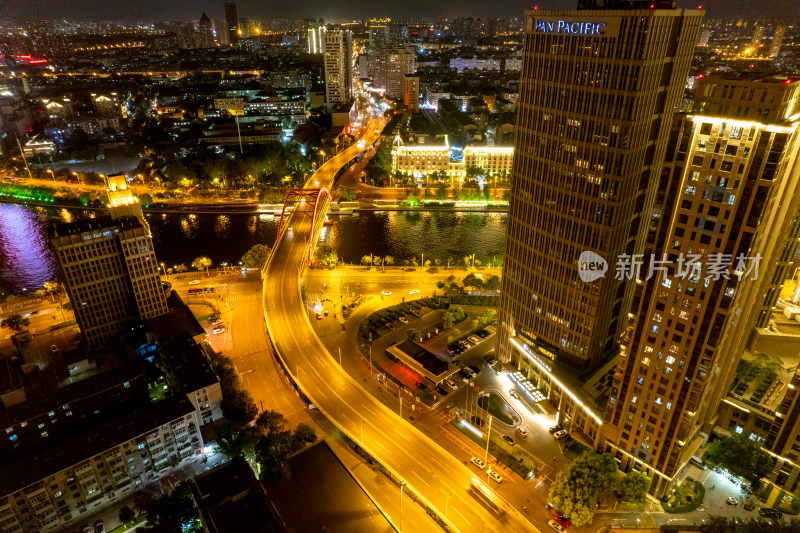 天津城市夜景交通航拍图