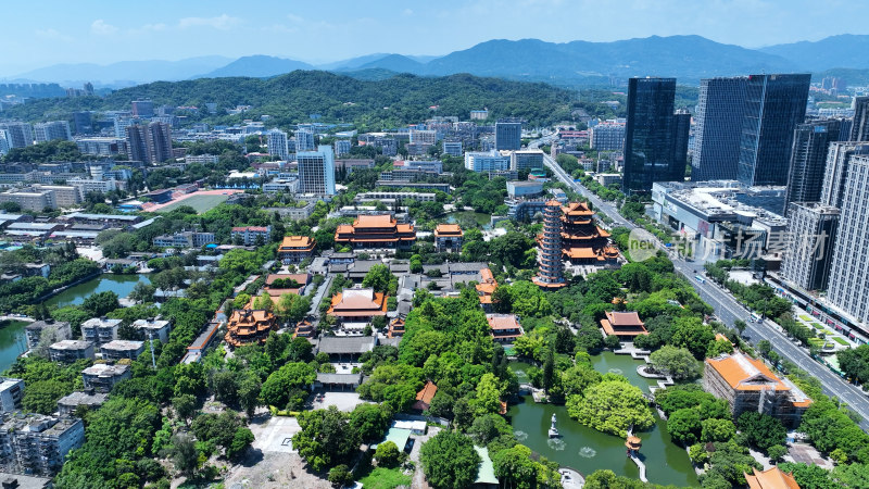 福州西禅古寺照片航拍城市寺庙古建筑风景